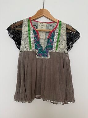 Free People Mixed-Media Brown & Black Boho Peasant Top